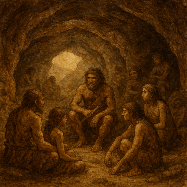 শিল্পীর চোখে পাহাড়ের গুহায় আদিম মানুষের বসবাস। ক্রোয়েশিয়ার নিয়েনদেরথাল জাদুঘরে ২০১৯ সালের ২৫ ফেব্রুয়ারি তোলা